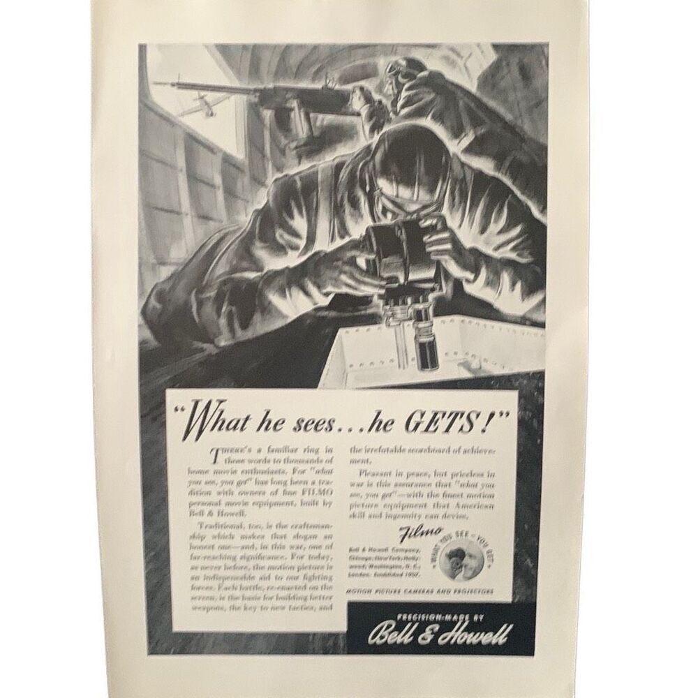 Vintage 1942 Bell & Howell What He Sees He Gets Ad Advertisement